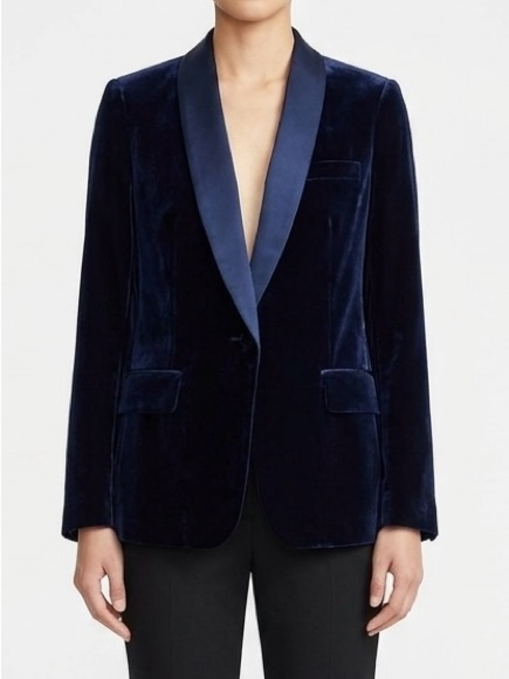 Joie Mehira Velvet Tuxedo Blazer Jacket Navy Blue 8 Quiet Luxury Modern Prep